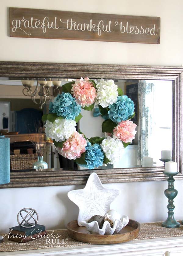 hydrangea wreath hanging on mirror