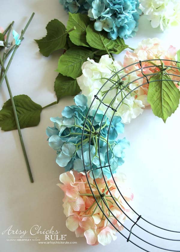 DIY Hydrangea Wreath - Using wire to add hydrangea - DIY Hydrangea Wreath - Colorful Spring Wreath - artsychicksrule.com #hydrangeawreath #springwreath