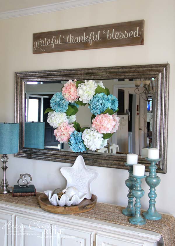 DIY Hydrangea Wreath - on dining room mirror - DIY Hydrangea Wreath - Colorful Spring Wreath - artsychicksrule.com #hydrangeawreath #springwreath