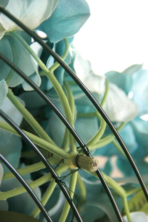 DIY Hydrangea Wreath - using floral wire to add flowers - DIY Hydrangea Wreath - Colorful Spring Wreath - artsychicksrule.com #hydrangeawreath #springwreath