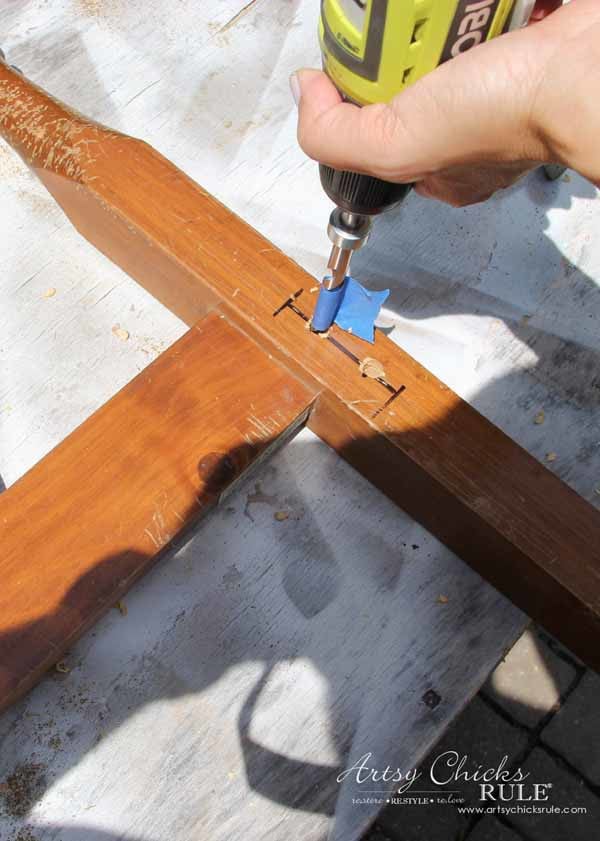 DIY Headboard Bench - MAKING HOLES FOR SCREWS - artsychicksrule.com #headboardbench