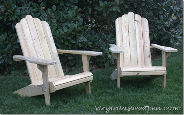 DIY Adirondack chairs on the lawn.