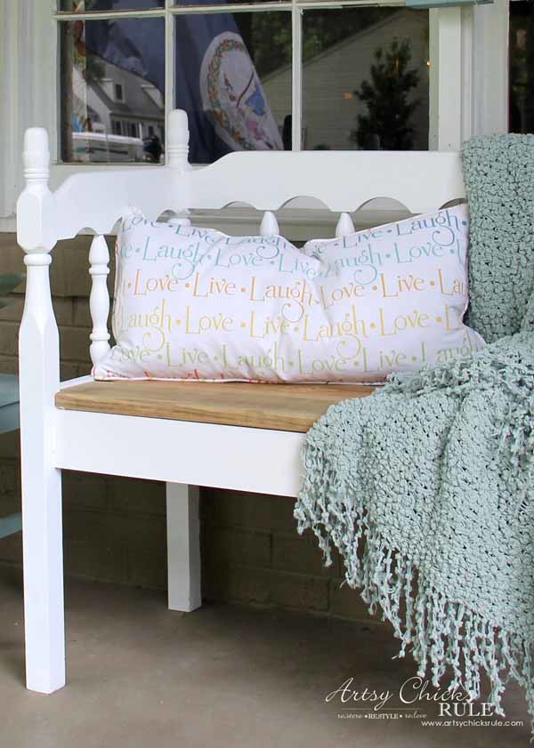 Thrifty Porch Decor - DIY Headboard Bench Decor - artsychicksrule.com #frontporchdecor