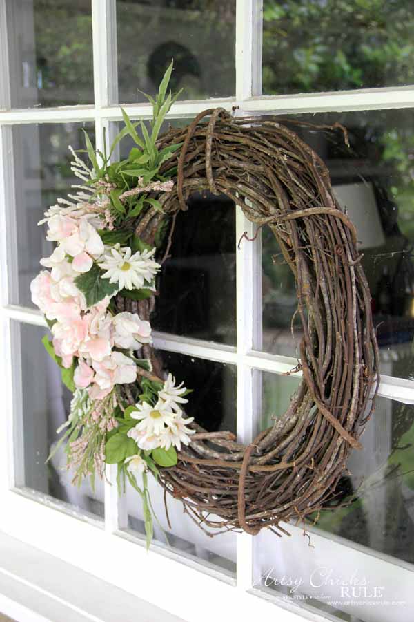 Thrifty Porch Decor - DIY Spring Wreath - artsychicksrule.com #frontporchdecor