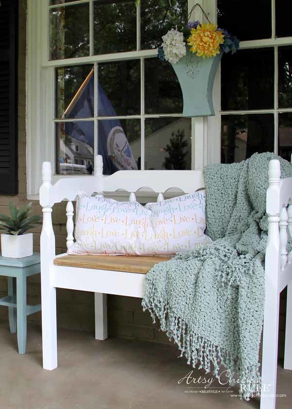 Thrifty Porch Decor - Easy DIY Headboard Bench - artsychicksrule.com #frontporchdecor