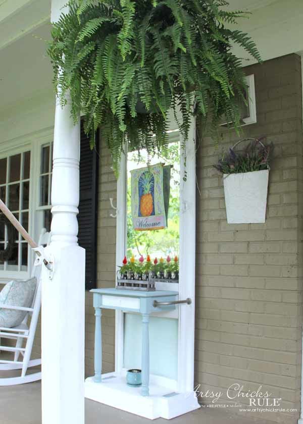 Thrifty Porch Decor - Hall Tree and Ferns - artsychicksrule.com #frontporchdecor