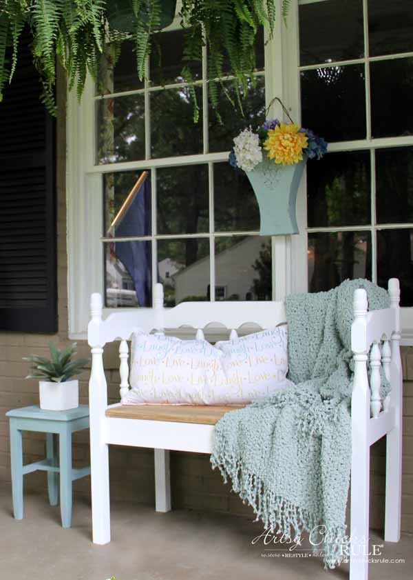 Thrifty Porch Decor - Simple DIY Headboard Bench - artsychicksrule.com #frontporchdecor