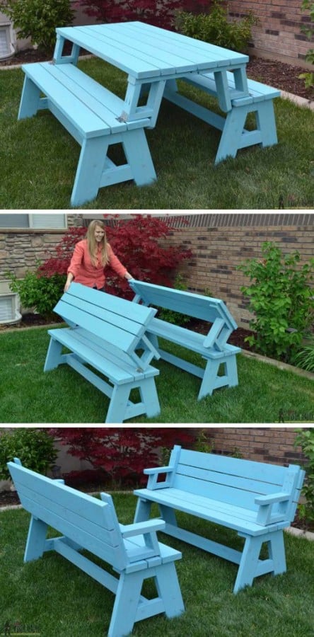 A blue foldable outdoor picnic table.