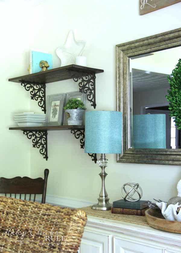 Dining Room DIY Wall Shelves - SCROLL BRACKETS - artsychicksrule.com #wallshelves