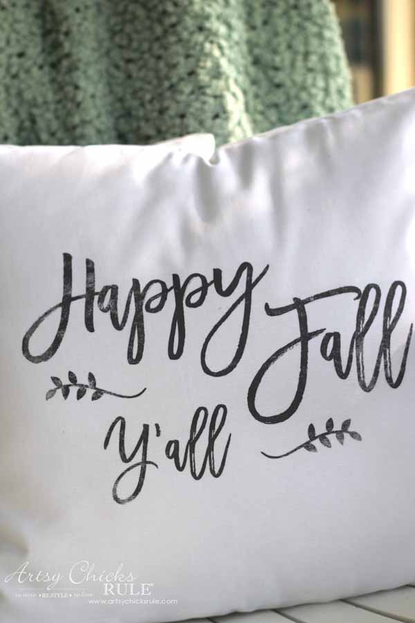 DIY Fall Pillows and Free Printables - Happy Fall Y'all close up - artsychicksrule #freeprintables #fallpillow #fallsayings