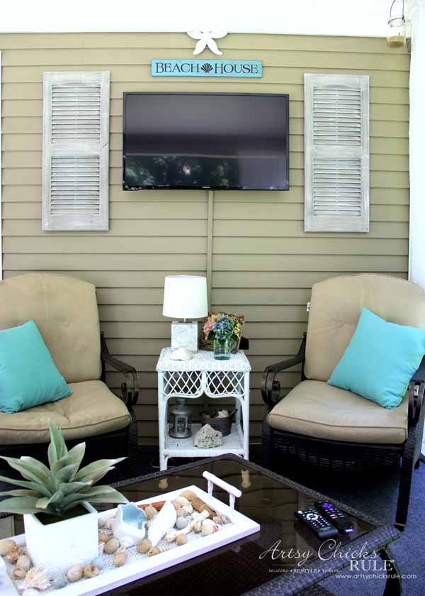 Screened Porch & Patio Makeover - TV and weathered shutters - artsychicksrule #popularpins #patiomakeover #porch