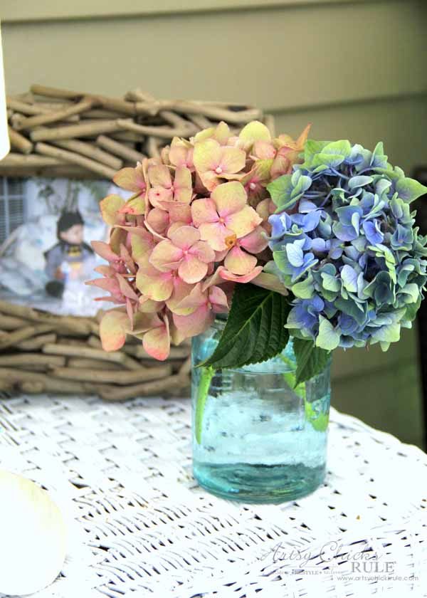 Screened Porch & Patio Makeover - hydrangeas from my garden - artsychicksrule #popularpins #patiomakeover #porch