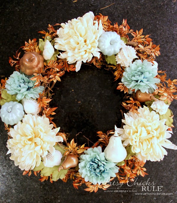 Want to ease into fall from summer? Or live on the coast? Make this SIMPLE coastal fall wreath which incorporates a little of both! artsychicksrule.com #coastalfallwreath