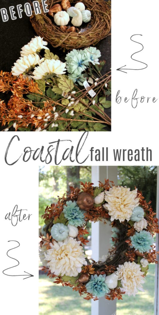 Want to ease into fall from summer? Or live on the coast? Make this SIMPLE coastal fall wreath which incorporates a little of both! artsychicksrule.com #coastalfallwreath