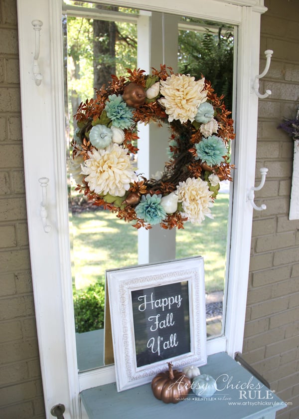 Want to ease into fall from summer? Or live on the coast? Make this SIMPLE coastal fall wreath which incorporates a little of both! artsychicksrule.com #coastalfallwreath