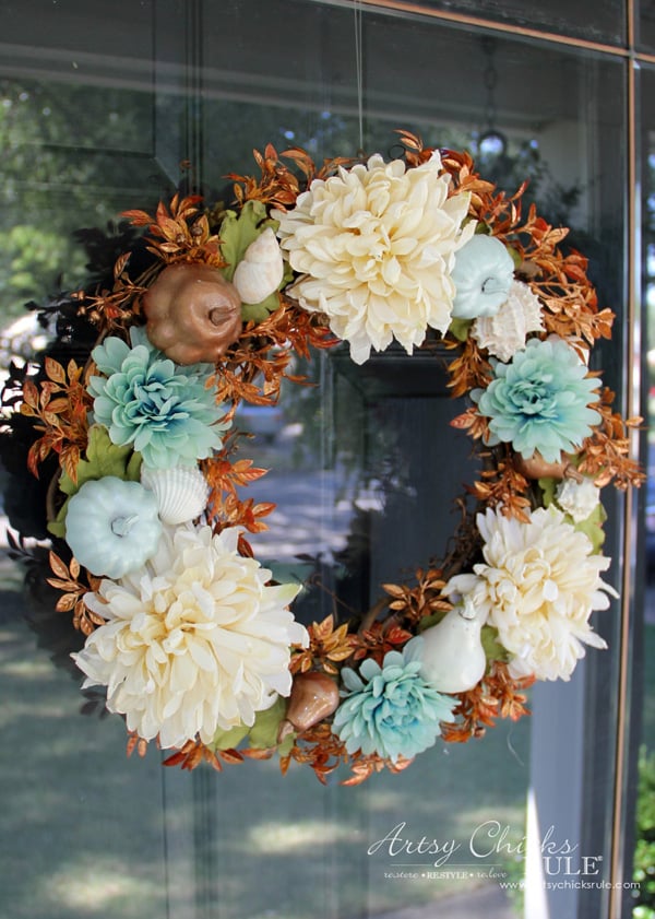 Coastal Fall Wreath - on door - artsychicksrule.com #fallwreath #coastalfallwreath