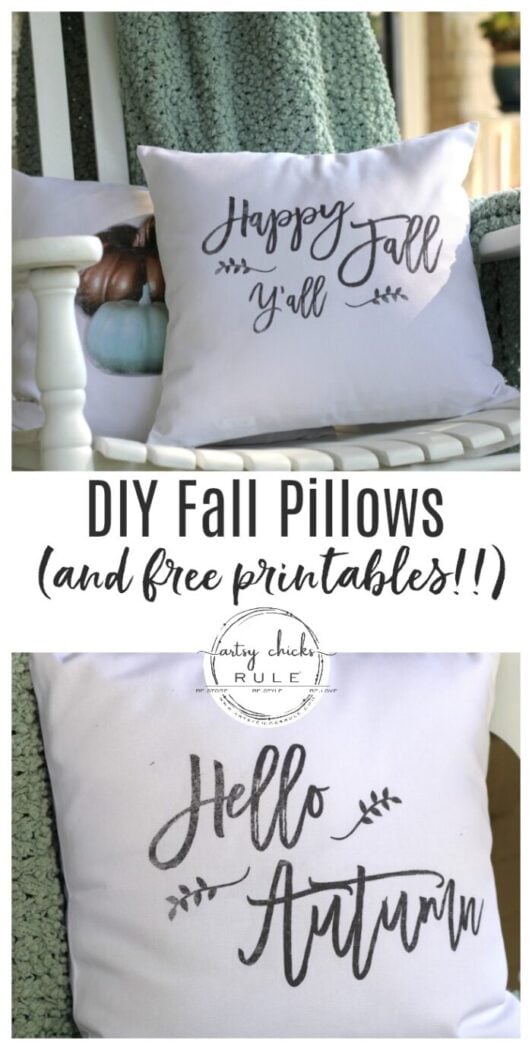 DIY Fall Pillows and Free Printables - Happy Fall Y'all - artsychicksrule.com #freeprintables #fallpillow #fallsayings