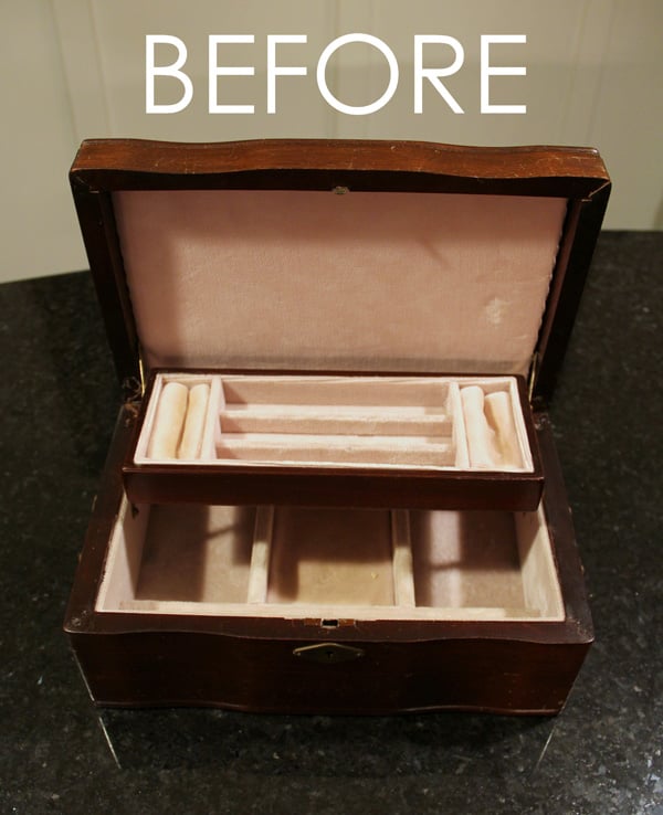 Jewelry Box Repurposed into Writing Box - Before inside - artsychicksrule.com #writingbox #silhouette #jewelryboxrepurposed