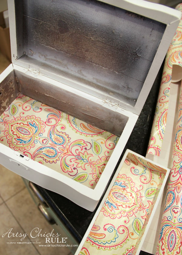 Jewelry Box Repurposed into Writing Box - paper lining - artsychicksrule.com #writingbox #silhouette #jewelryboxrepurposed