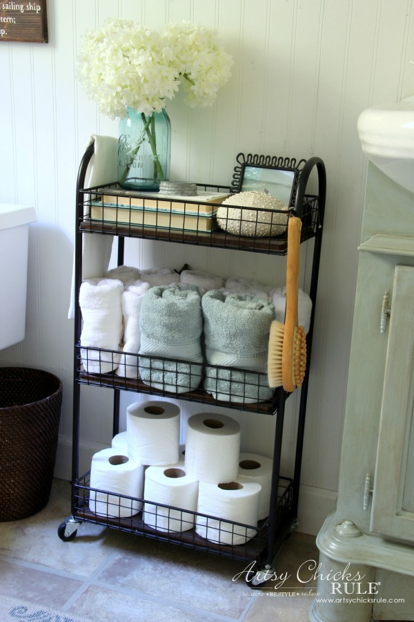 Freshen up your old decor with a little paint for a brand new look! This bath cart got a weathered wood finish, simply!