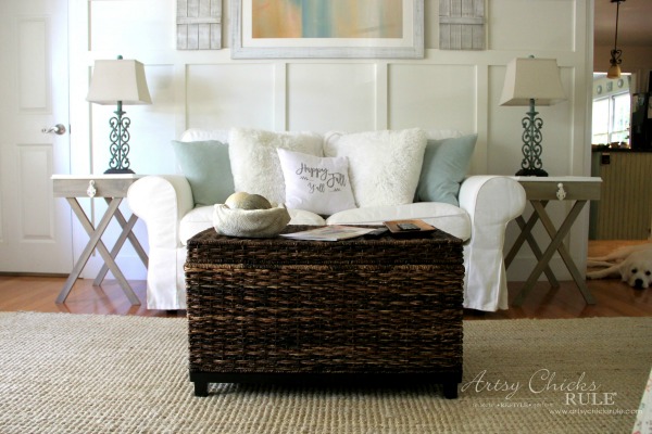 DIY Tiled Frame Criss Cross End Tables Coastal Family Room artsychicksrule.com