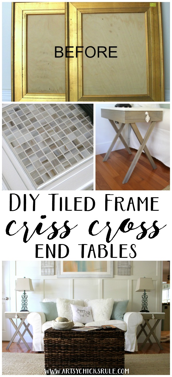 These are SO unique! Make some! DIY Tiled Frame Criss Cross End Tables artsychicksrule.com