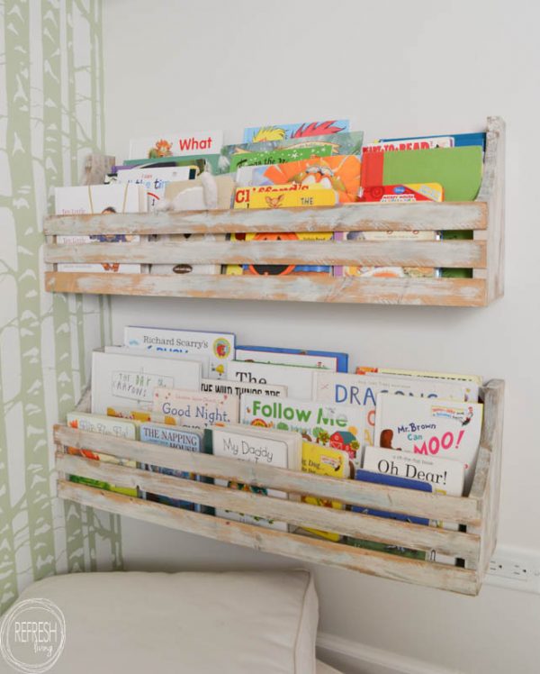 Wooden bookshelf in kids room.