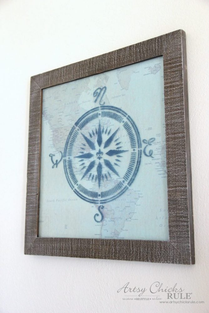 Easy DIY--> Wall Map & Nautical Compass Stencil, Repurposed $4 Thrifty Find artsychicksrule.com