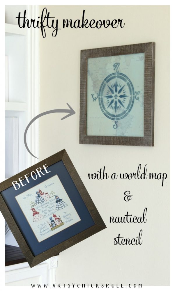 Easy DIY--> Wall Map & Nautical Compass Stencil, Repurposed $4 Thrifty Find artsychicksrule.com