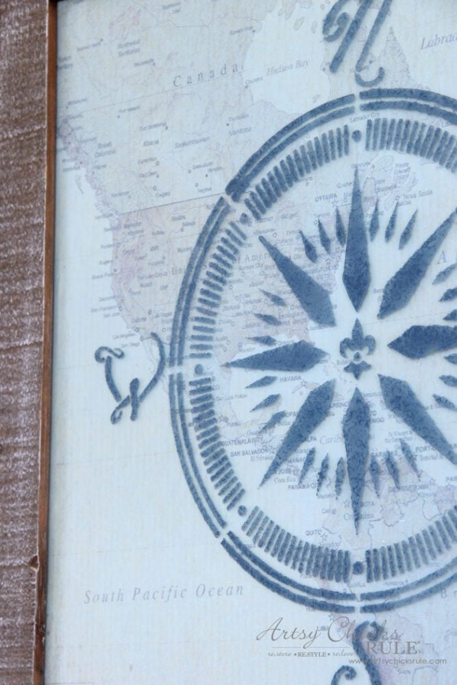 Easy DIY--> Wall Map & Nautical Compass Stencil, Repurposed $4 Thrifty Find artsychicksrule.com