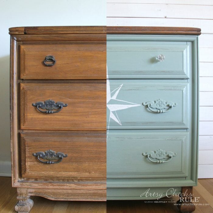 What a difference! $20 ReStore Compass Rose Dresser Makeover!! artsychicksrule.com #compassrose #compassrosedresser #chalkpaintedfurniture