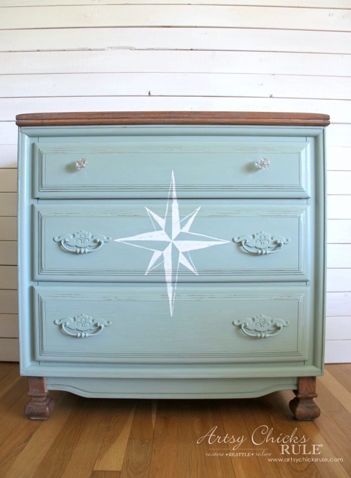 $20 ReStore Compass Rose Dresser Makeover!! artsychicksrule.com #compassrose #compassrosedresser #chalkpaintedfurniture