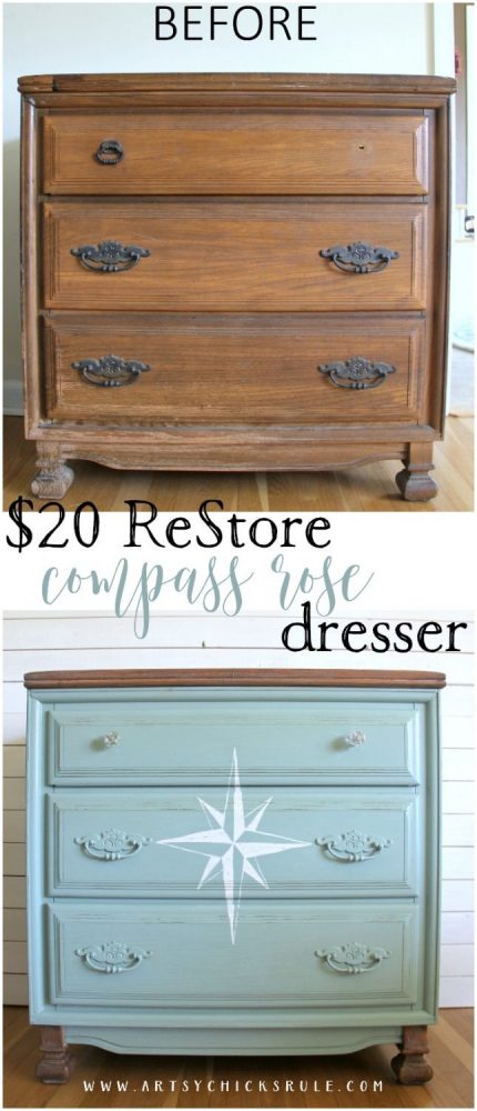 What a STEAL! EASY! $20 ReStore Compass Rose Dresser Makeover!! artsychicksrule.com #compassrose #compassrosedresser #chalkpaintedfurniture