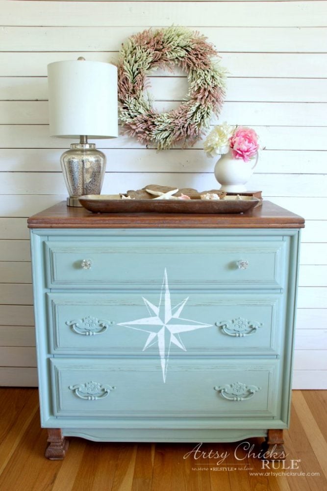 $20 ReStore Compass Rose Dresser Makeover!! artsychicksrule.com #compassrose #compassrosedresser #chalkpaintedfurniture