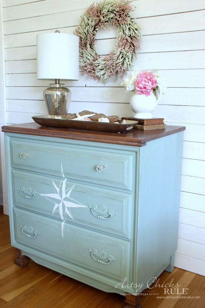 $20 ReStore Compass Rose Dresser Makeover!! artsychicksrule.com #compassrose #compassrosedresser #chalkpaintedfurniture