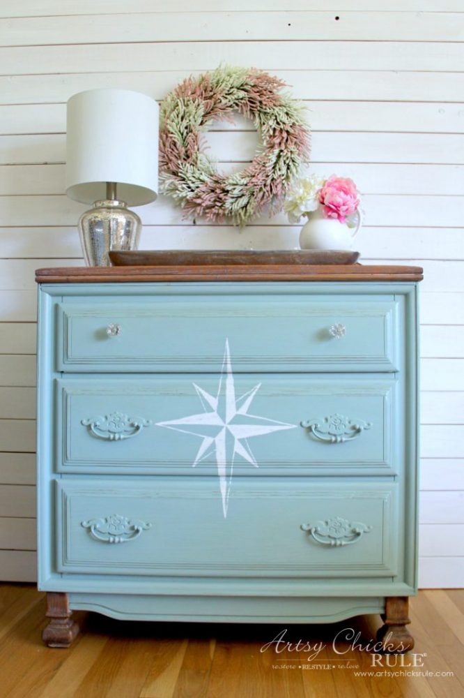 $20 ReStore Compass Rose Dresser Makeover!! artsychicksrule.com #compassrose #compassrosedresser #chalkpaintedfurniture