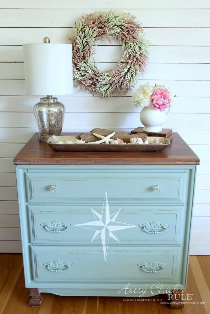 $20 ReStore Compass Rose Dresser Makeover!! artsychicksrule.com #compassrose #compassrosedresser #chalkpaintedfurniture