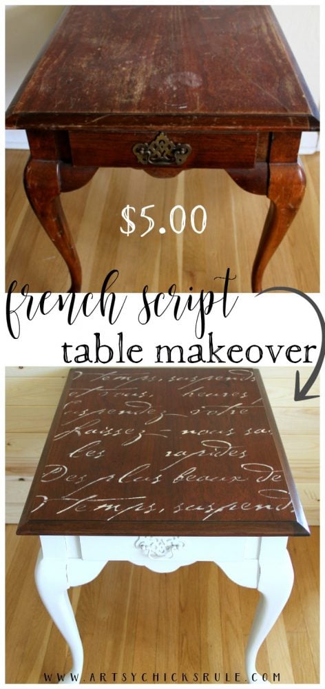 $5 Thrifty French Script Table Makeover! This look was so EASY to achieve! #frenchscript #frenchcountry artsychicksrule.com