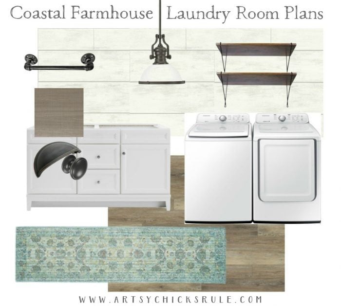 Coastal Farmhouse Laundry Reveal - moodboard artsychicksrule.com #coastallaundry #coastaldecor #coastalhome #farmhousedecor #farmhouselaundry #laundryroomideas #industrialdecor #moodboard #coastalprojects #farmhouseprojects #fixerupper 