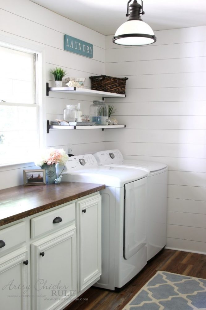 Coastal Farmhouse Laundry Reveal - DIY shiplap artsychicksrule.com #coastallaundry #coastaldecor #coastalhome #farmhousedecor #farmhouselaundry #laundryroomideas #industrialdecor #moodboard #coastalprojects #farmhouseprojects #fixerupper 