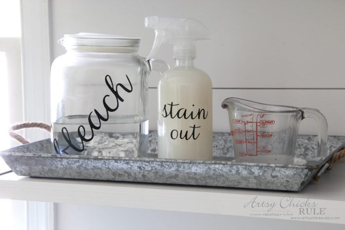 Coastal Farmhouse Laundry Reveal - labeled bottles  artsychicksrule.com #coastallaundry #coastaldecor #coastalhome #farmhousedecor #farmhouselaundry #laundryroomideas #industrialdecor #moodboard #coastalprojects #farmhouseprojects #fixerupper 