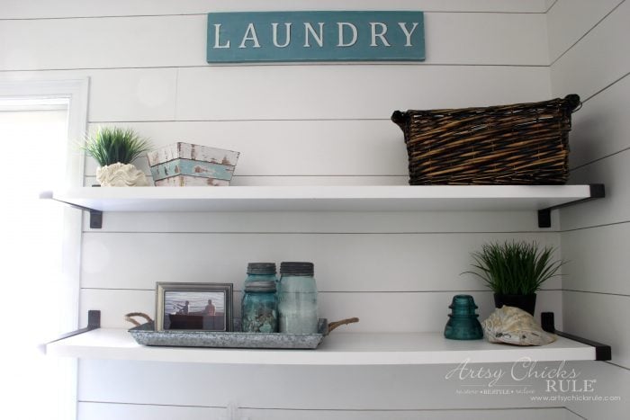 Coastal Farmhouse Laundry Reveal - more shelf decor artsychicksrule.com #coastallaundry #coastaldecor #coastalhome #farmhousedecor #farmhouselaundry #laundryroomideas #industrialdecor #moodboard #coastalprojects #farmhouseprojects #fixerupper 