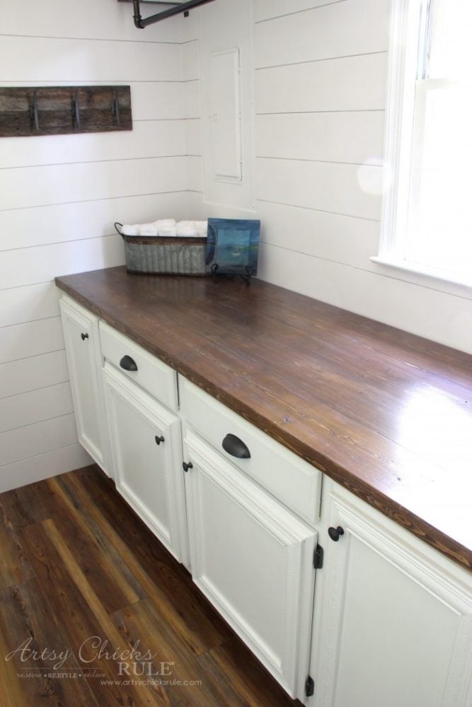 Farmhouse Style and Easy!! How To Make DIY Wood Countertop - full view artsychicksrule.com #woodcountertops #diywoodcountertop #howtobuildcountertop 