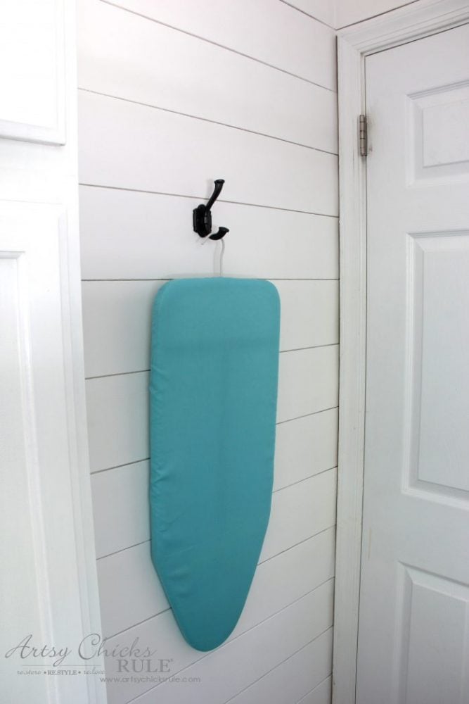 Coastal Farmhouse Laundry Reveal - ironing board behind door artsychicksrule.com #coastallaundry #coastaldecor #coastalhome #farmhousedecor #farmhouselaundry #laundryroomideas #industrialdecor #moodboard #coastalprojects #farmhouseprojects #fixerupper 