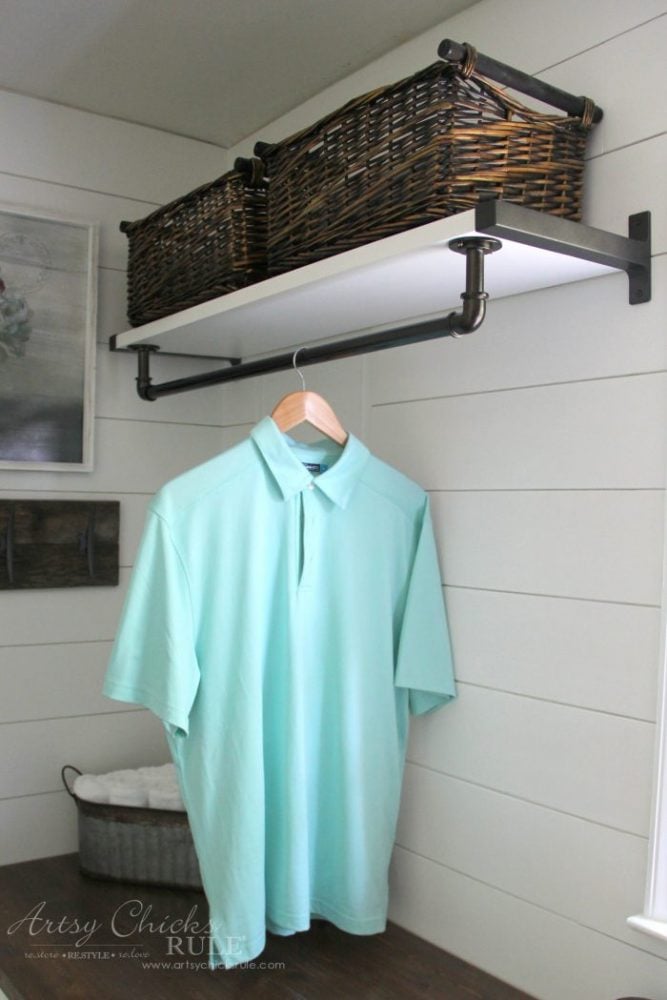 Coastal Farmhouse Laundry Reveal - industrial clothes hanger artsychicksrule.com #coastallaundry #coastaldecor #coastalhome #farmhousedecor #farmhouselaundry #laundryroomideas #industrialdecor #moodboard #coastalprojects #farmhouseprojects #fixerupper 