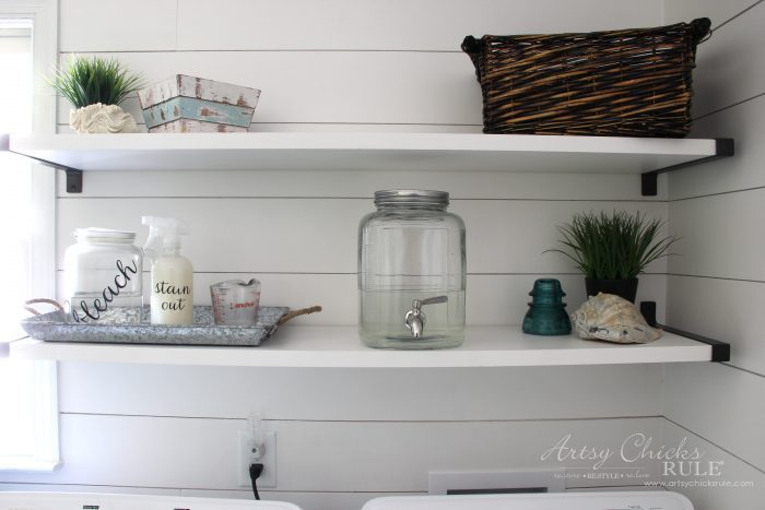 Coastal Farmhouse Laundry Reveal - shelf decor artsychicksrule.com #coastallaundry #coastaldecor #coastalhome #farmhousedecor #farmhouselaundry #laundryroomideas #industrialdecor #moodboard #coastalprojects #farmhouseprojects #fixerupper 