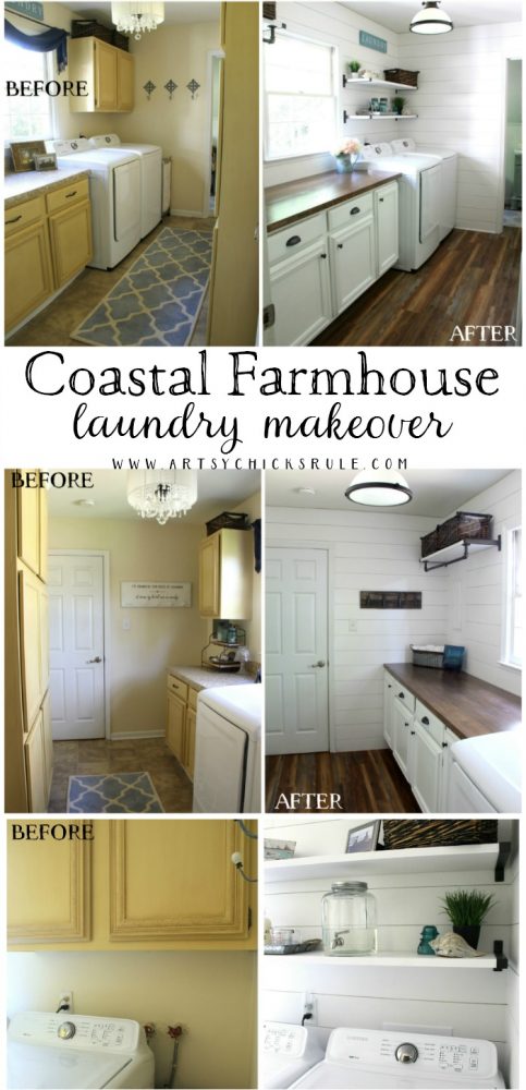 Coastal Farmhouse Laundry Reveal - full before and afters artsychicksrule.com #coastallaundry #coastaldecor #coastalhome #farmhousedecor #farmhouselaundry #laundryroomideas #industrialdecor #moodboard #coastalprojects #farmhouseprojects #fixerupper 