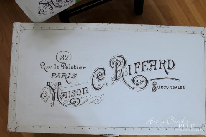 Old Trunk Coffee Table , a THRIFY Makeover! - artsychicksrule.com #trunkcoffeetable #oldtrunkmakeover #frenchgraphics #cottagedecor #repurposedtrunk