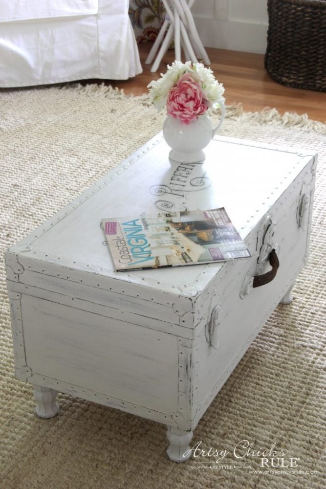 Old Trunk Coffee Table , a THRIFY Makeover! - artsychicksrule.com #trunkcoffeetable #oldtrunkmakeover #frenchgraphics #cottagedecor #repurposedtrunk