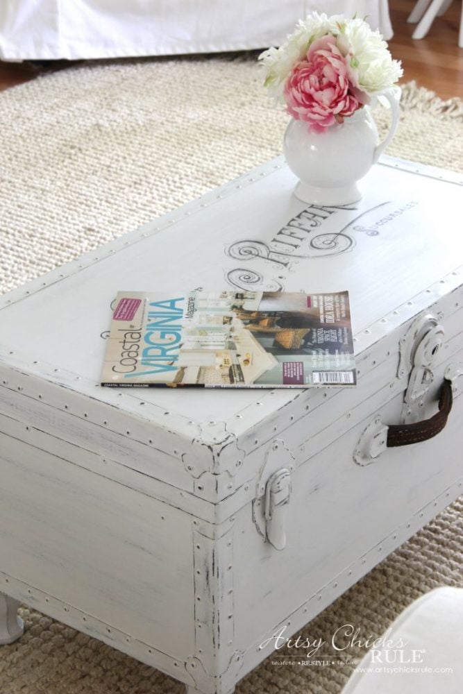 Old Trunk Coffee Table , a THRIFY Makeover! - artsychicksrule.com #trunkcoffeetable #oldtrunkmakeover #frenchgraphics #cottagedecor #repurposedtrunk